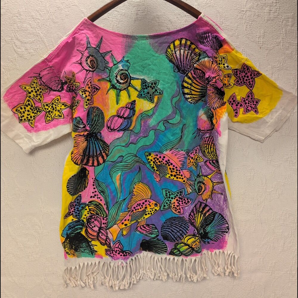 Vintage 90s Tropical Fish Coral AOP All Over Print Shirt Colorful Maximalist Fun - Picture 2 of 11